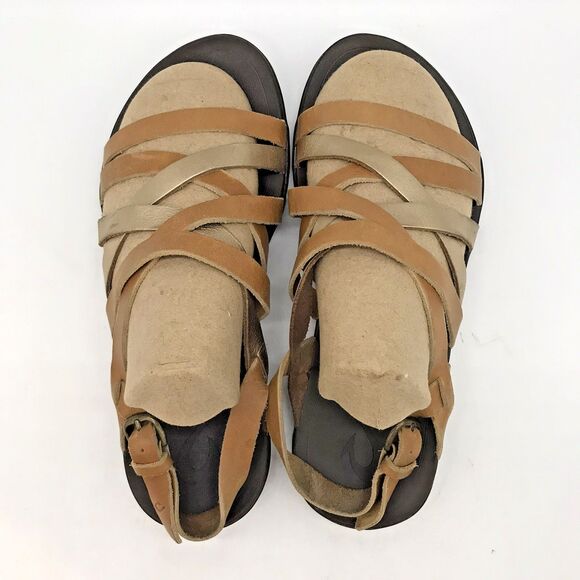 OluKai Awe 'Awe Hawaiian Sandals Women's 7 Brown & Gold Full Grain Leather Shoe - Picture 6 of 11